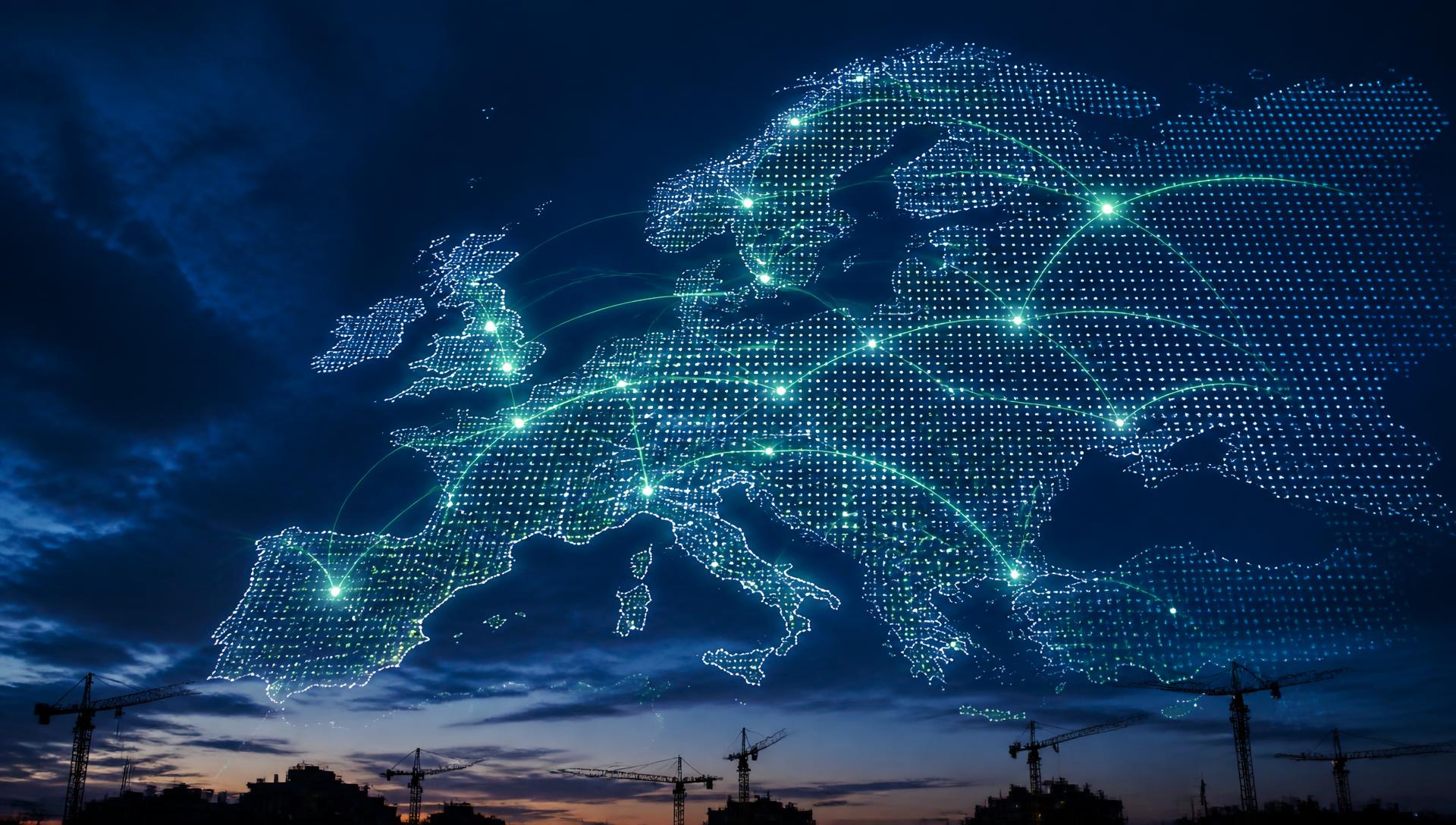 Glowing dotted map of Europe with connected city nodes above a construction skyline
