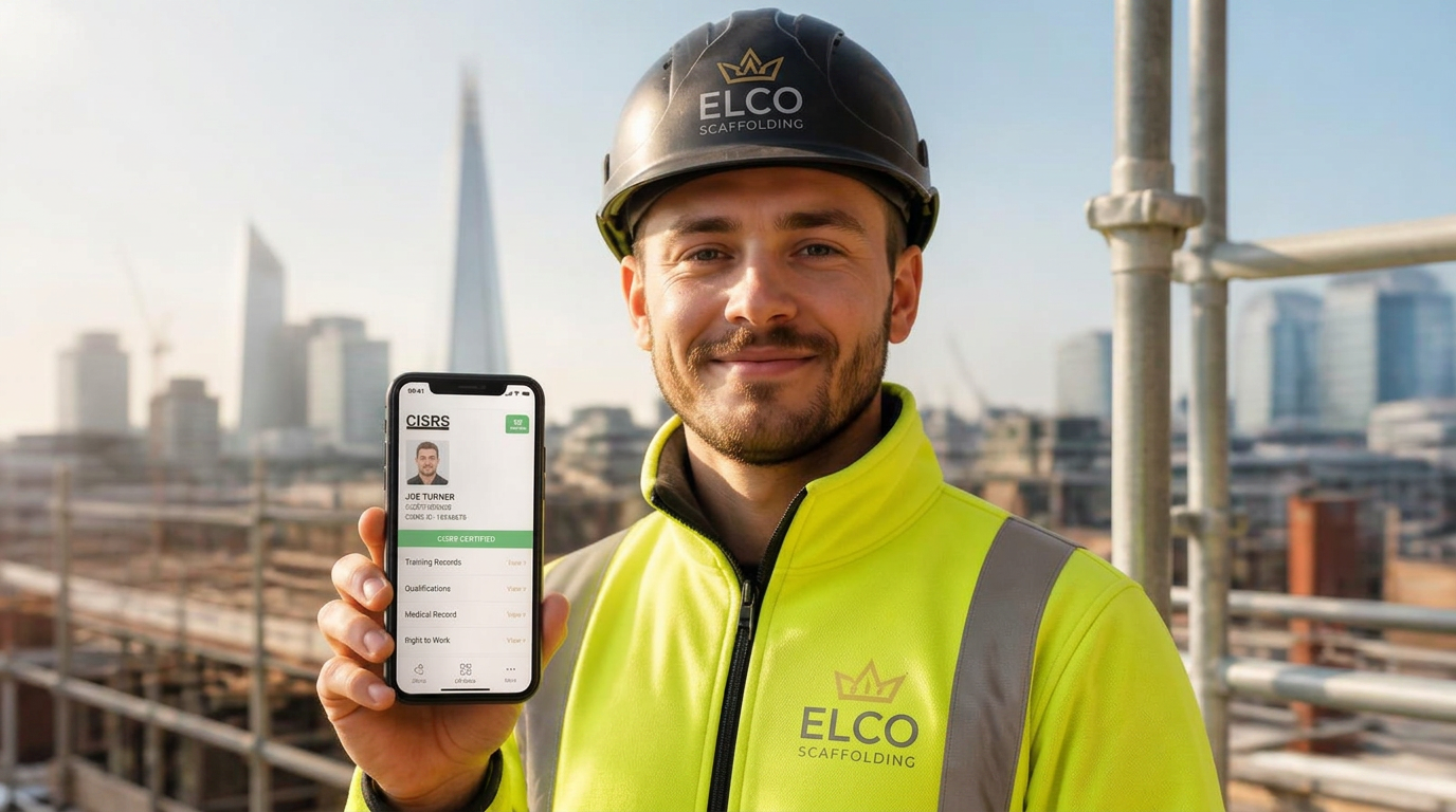 Scaffolder on a London site showing their verified VARENTO digital worker card