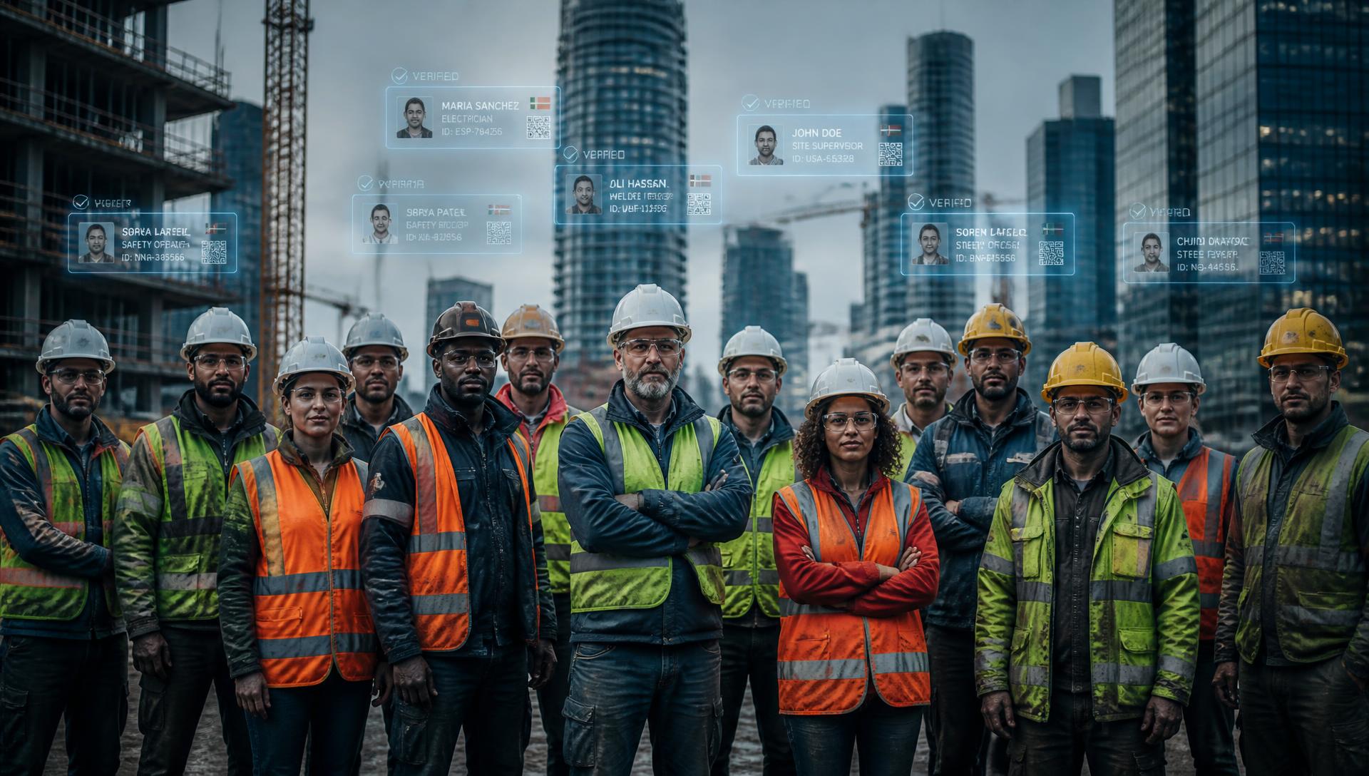 Crew of hi-vis skilled workers on a city site with verified digital worker passports floating above them