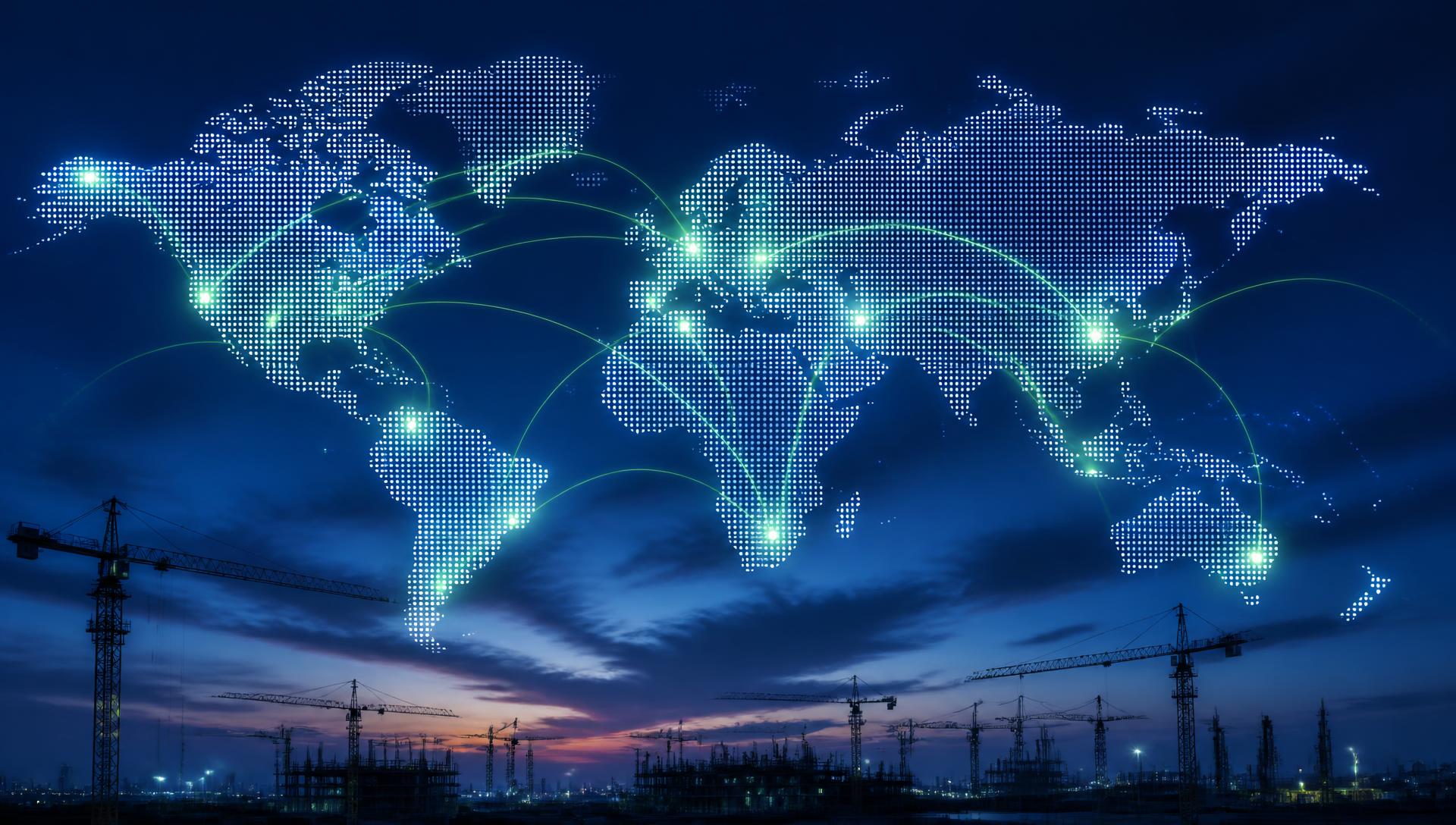 Glowing world map with international flight routes and hi-vis skilled workers travelling with passports and work permits